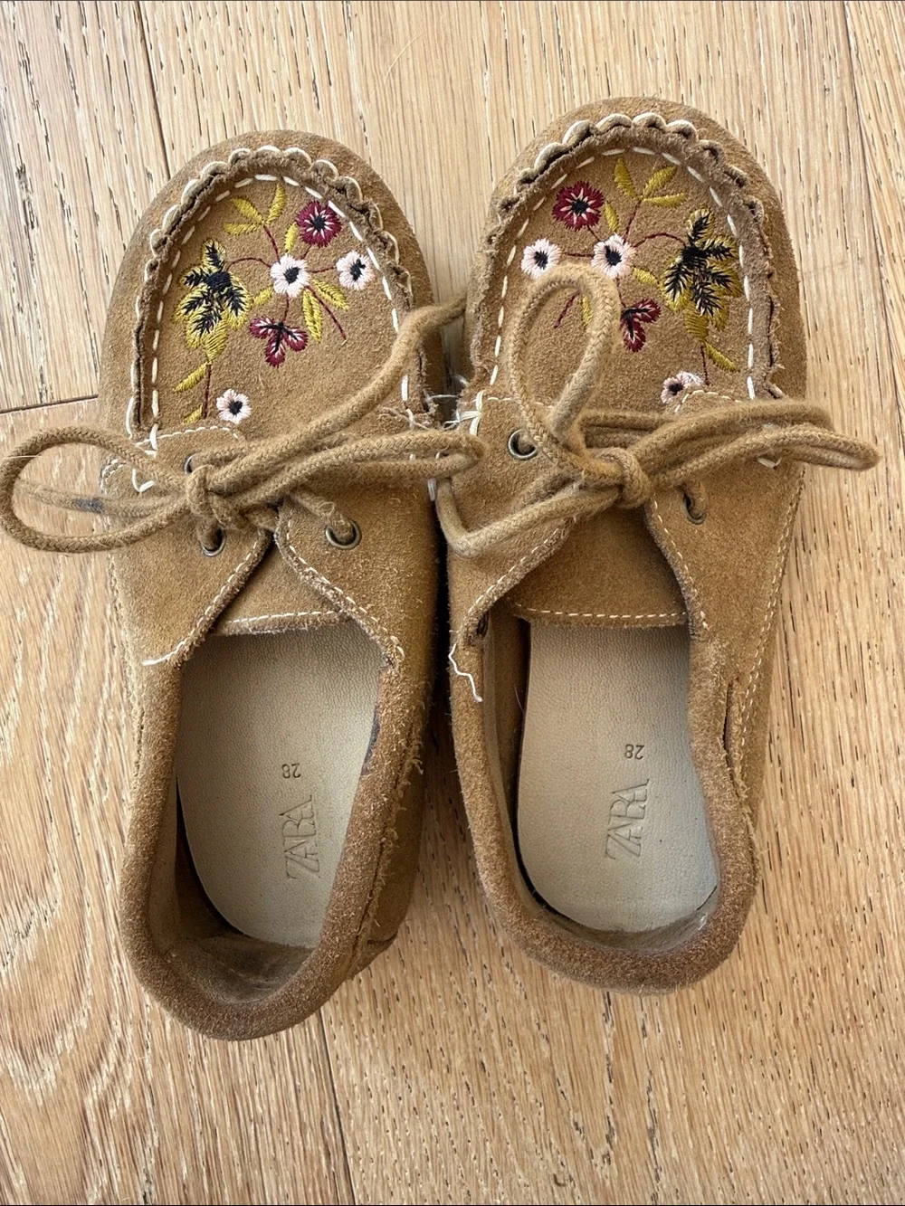 Zara Tan Suede Kids Moccasins with Floral Embroidery